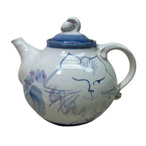 Wayne Village Pottery Persian Cat Teapot Redware Maine Blue Clay